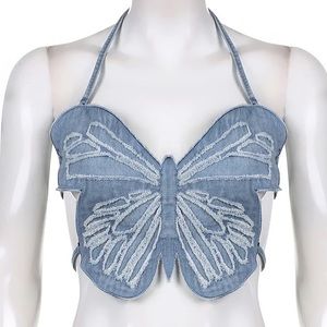 Butterfly Denim Crop Tie Top